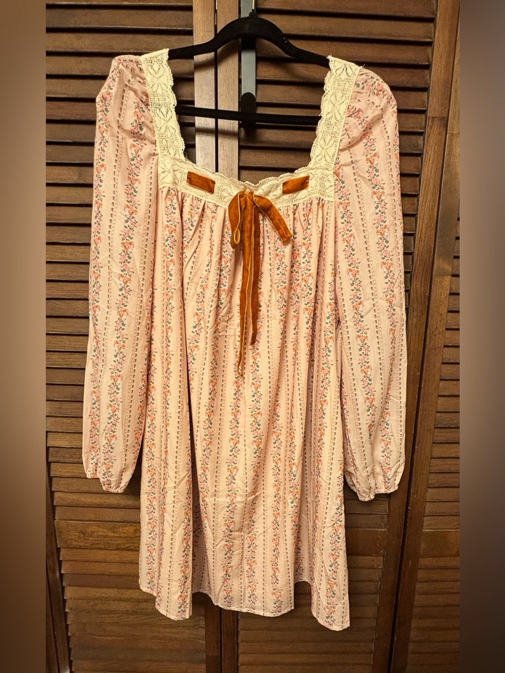 Peach Floral Long-Sleeve Peasant Dress with Velvet Bow & Lace Trim - Picture 12 of 13
